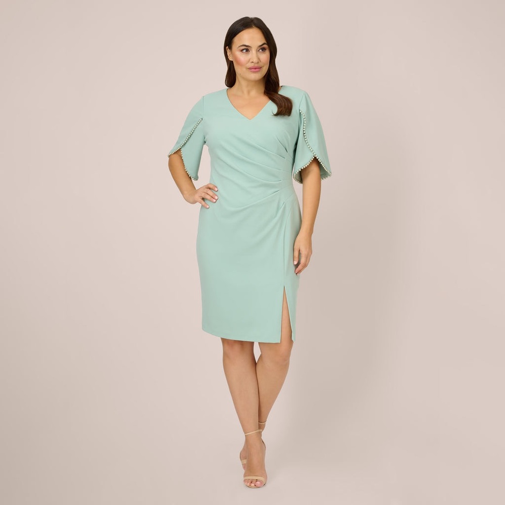 ADRIANNA PAPELL -PEARL EMBELLISHED
KNIT CREPE SHEATH DRESS IN CLOUDY AQUA